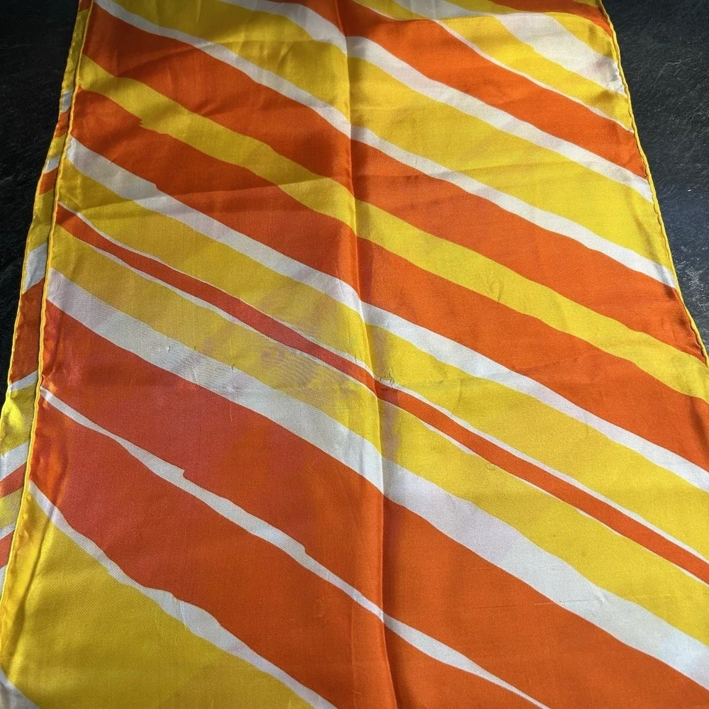 Vintage 60s ECHO 100%‎ Silk Scarf Orange, Yellow & White Striped 64 X 15